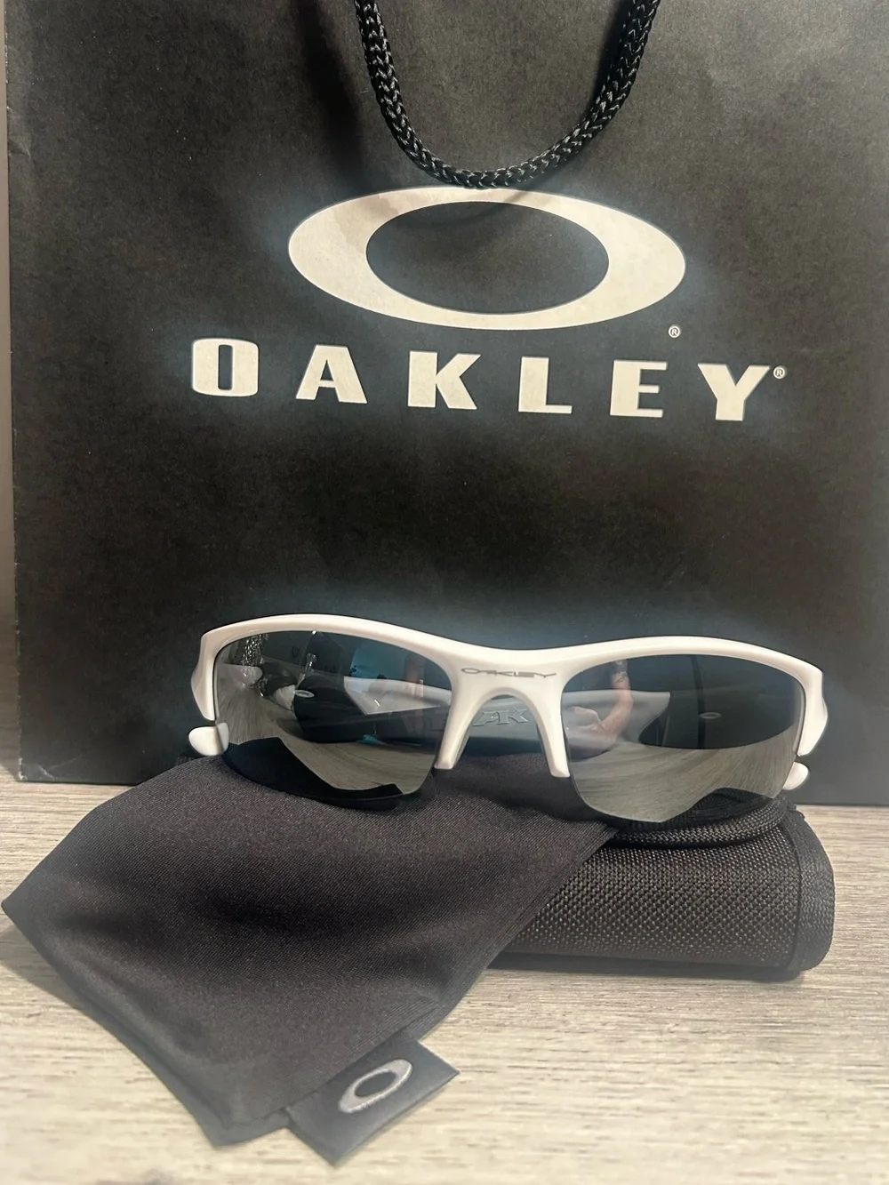 Oakley White/Grey Flak Mirror Polarized Sunglasses.